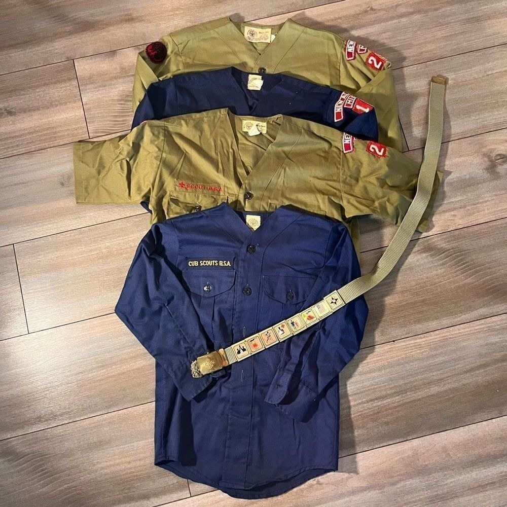 Vintage Boy Scouts Cub Scouts BSA Uniform Lot 4 Shirts & Belt Patches Kids